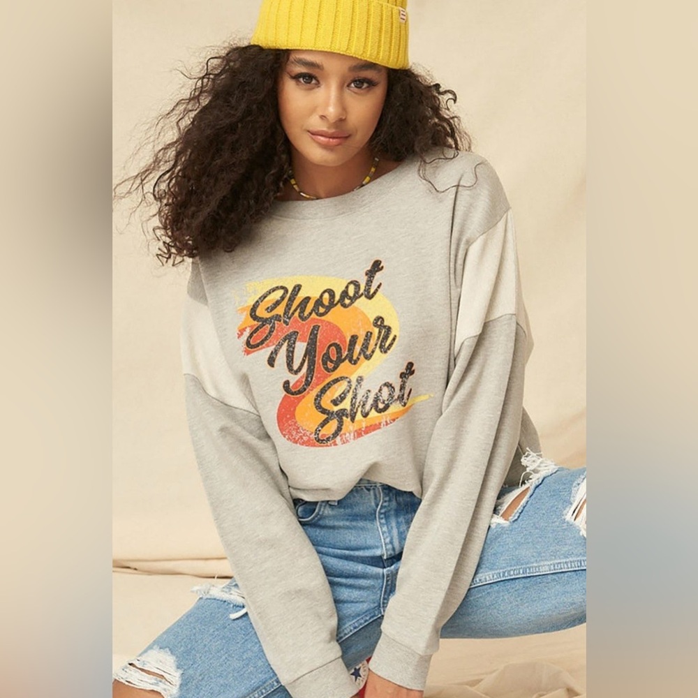 A french terry knit graphic sweatshirt womens shoot your shot